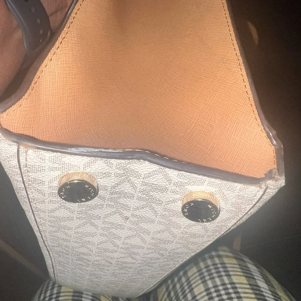 Michael Kors Cream and Tan MK Monogram Satchel